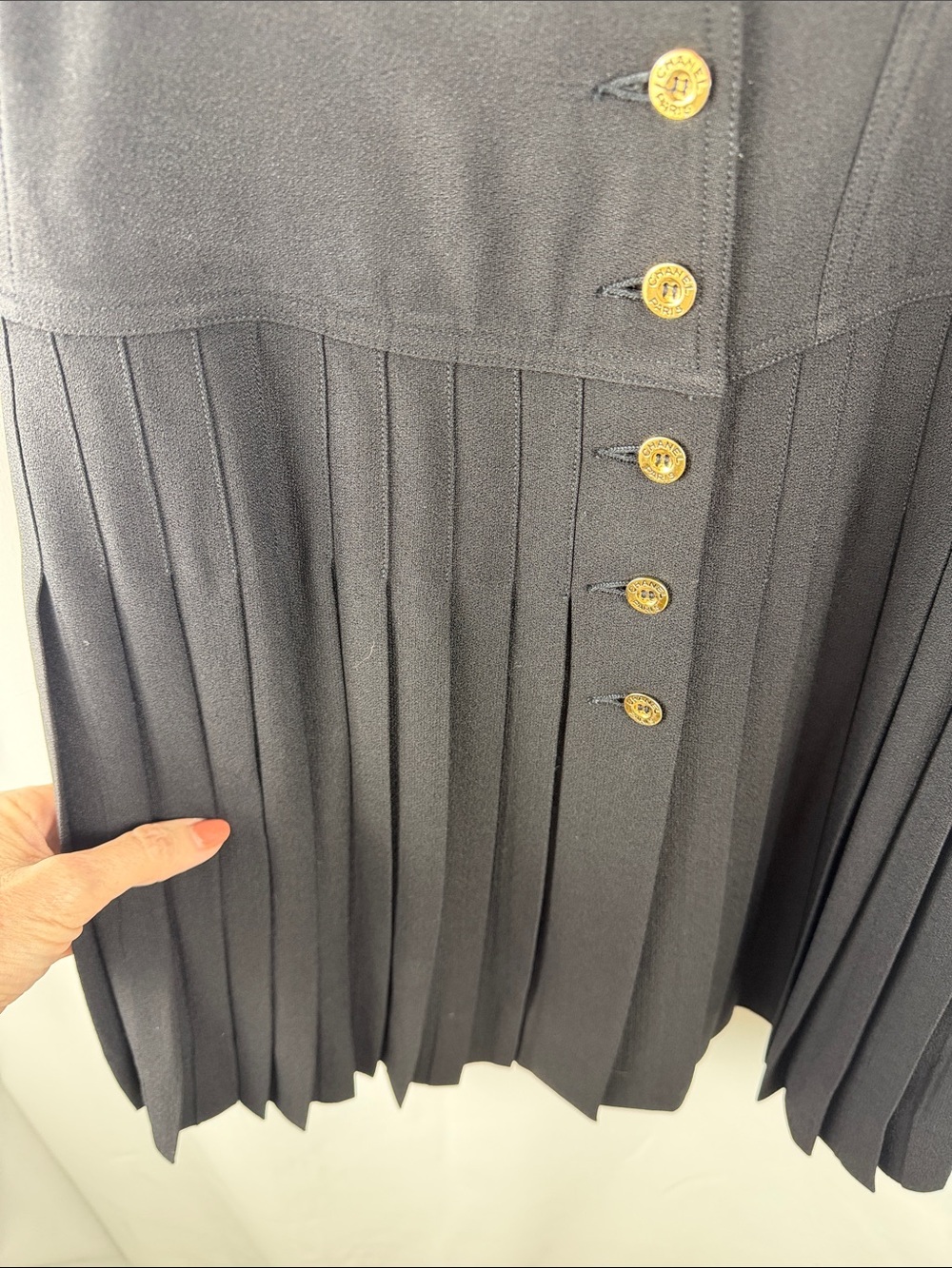 CHANEL Black Pleated Midi Skirt with Gold Buttons - Picture 3 of 6